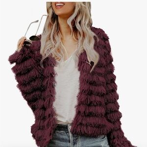 Women's Large Faux Fur Shaggy Cardigan jacket - Maroon